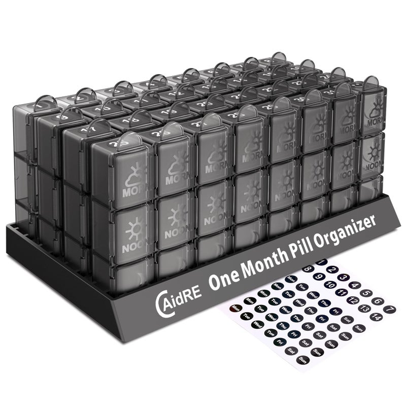 CAidRE Monthly Pill Organizer 3 Times A Day One Month Pill Box Organizer MorningNoonNight 31 Day Pill Organizer with 32 Daily Compartments for Fish Oil Vitamins Supplements and MedicationsBlack